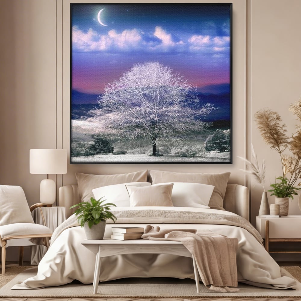 Tablou canvas cu tablou canvas cu peisaj de iarna, in rama de aluminiu negru, pe perete intr-un dormitor